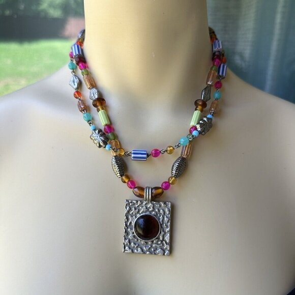 VTG Pendant Necklace 17" Beaded Art Glass Multicolor Double Strand Adjustable - Picture 1 of 8